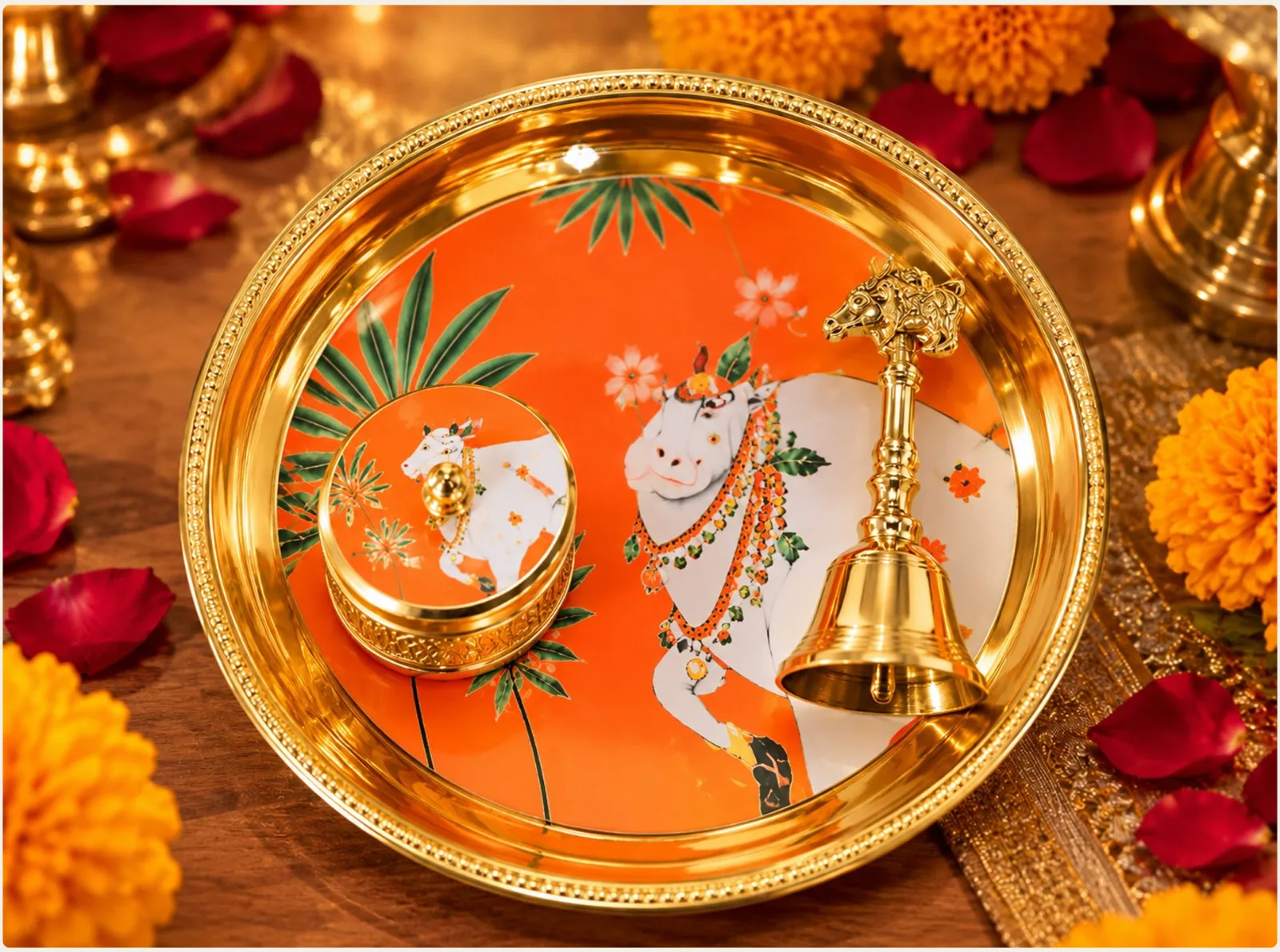 Pichwai Brass Pooja Hamper